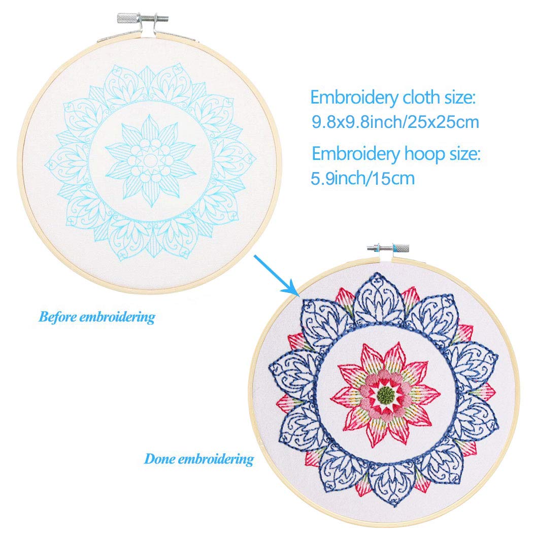 KISSBUTY Full Range of Embroidery Starter Kit with Pattern, Cross Stitch Kit Including Embroidery Fabricwith Floral Pattern, Bamboo Embroidery Hoop, Color Threads and Tools Kit (Blue Mandala)