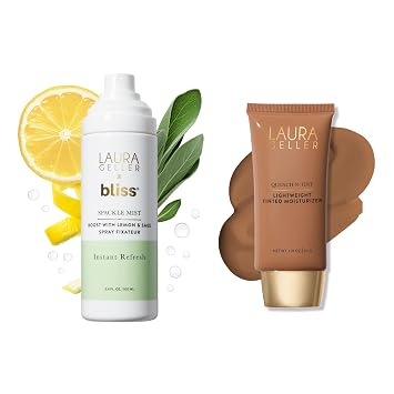 LAURA GELLER Spackle Mist Lemon & Sage + Quench-n-Tint Dewy Makeup Setting Spray + Quench-n-Tint Foundation, Deep