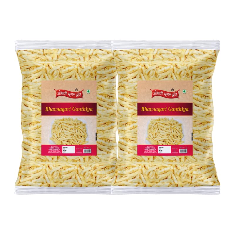 Image of OKHLI MUSAL BRAND Bhavnagri Gathiya-Fried Gram Flour Sticks, Carom Seeds | Malwa Suryapur Bhavnagari Gathiya Namkeen | Ganthiya Made in Groundnut Oil Festive Favourite Lite Savoury Snack-850g*2Pack