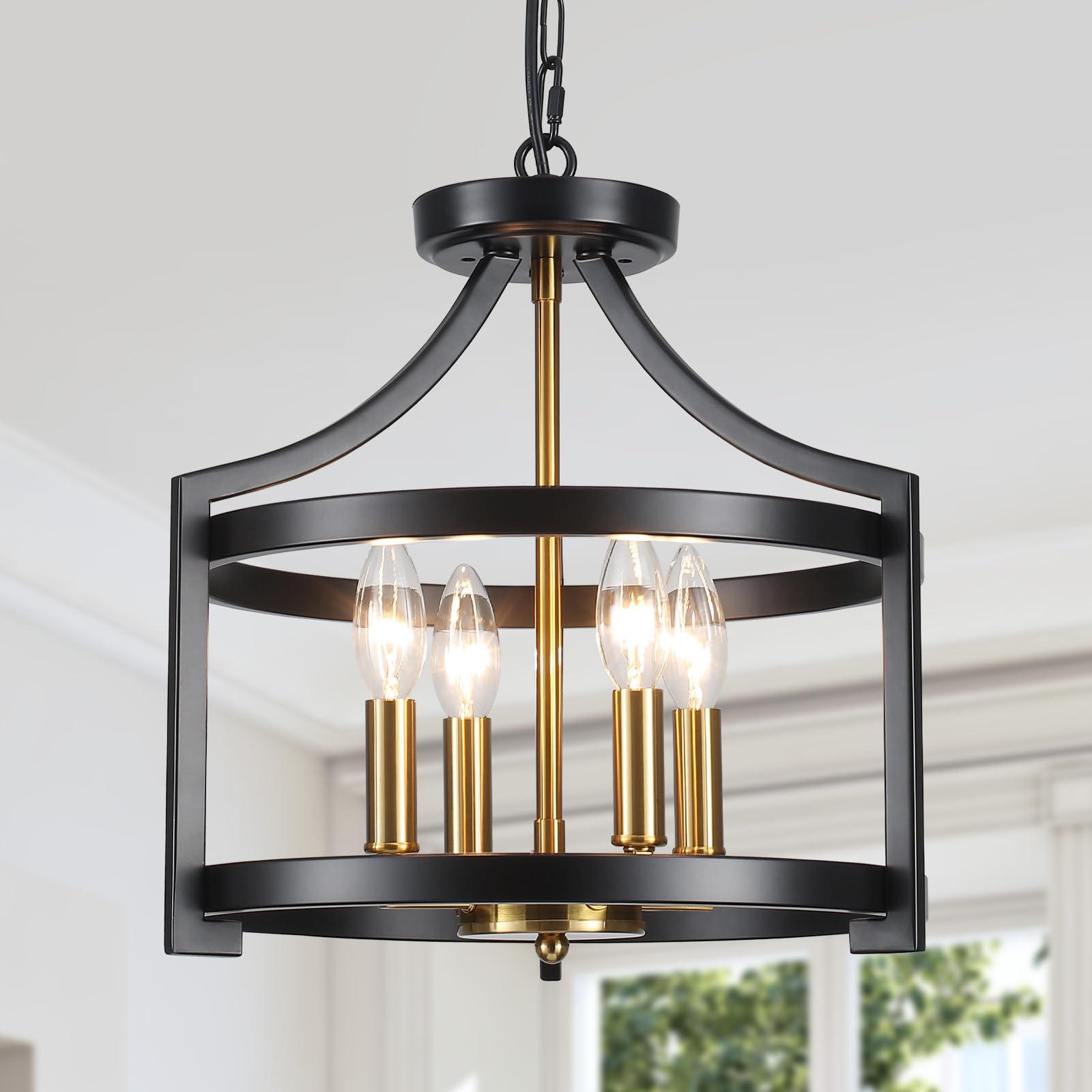 Farmhouse Dining Room Light Fixture,4 Lights Kitchen Chandeliers Over Table Modern Black&Gold Hanging Pendant Lamp Convertible Semi Flush Mount Ceiling Light for Entryway Foyer Island Hallway