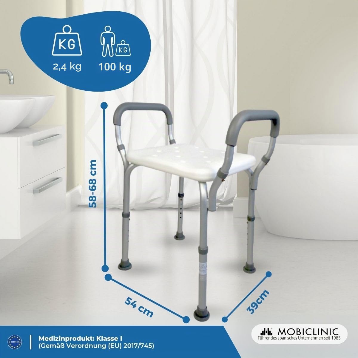 Mobiclinic®, Duschhocker, Höhenverstellbar, Mit Armlehnen, Acueducto, rutschfeste Spitzen, Ergonomisch, Licht, Max. 100 Kg, Aluminium, Weiß