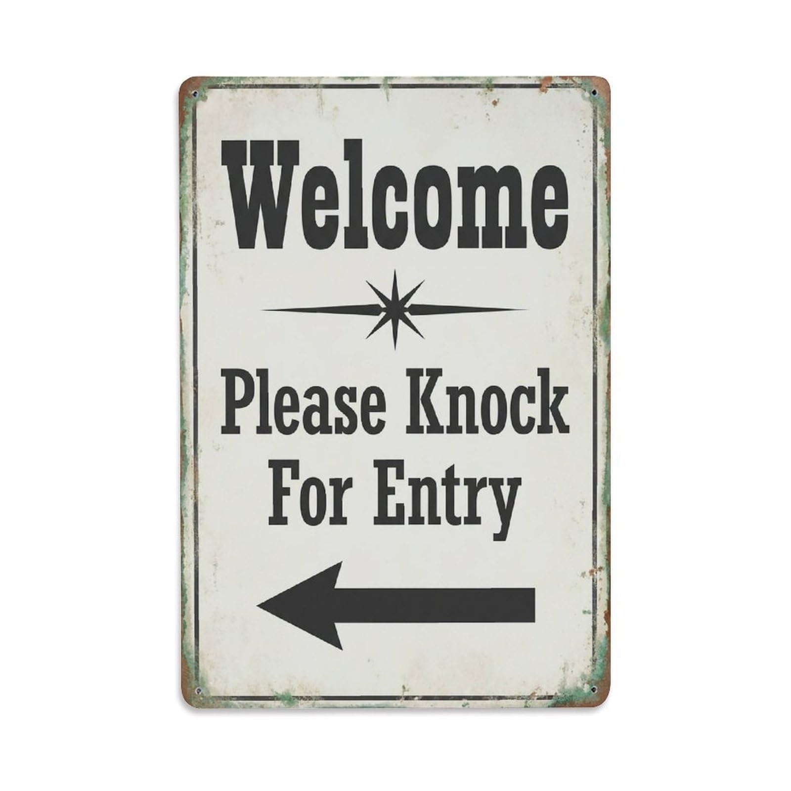 Vintage Welcome Please Knock For Entry Arrow Star Metal Tin Sign