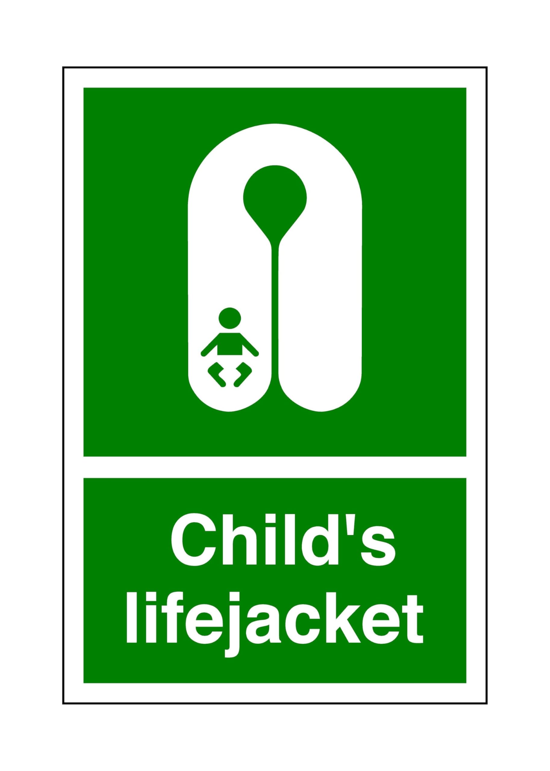 Child Lifejacket - safety sign, ppe clothing, ppe, boat safety - 1.2mm Rigid plastic for indoor/outdoor usage (200mm x 150mm) Viewing Distance within 5m.
