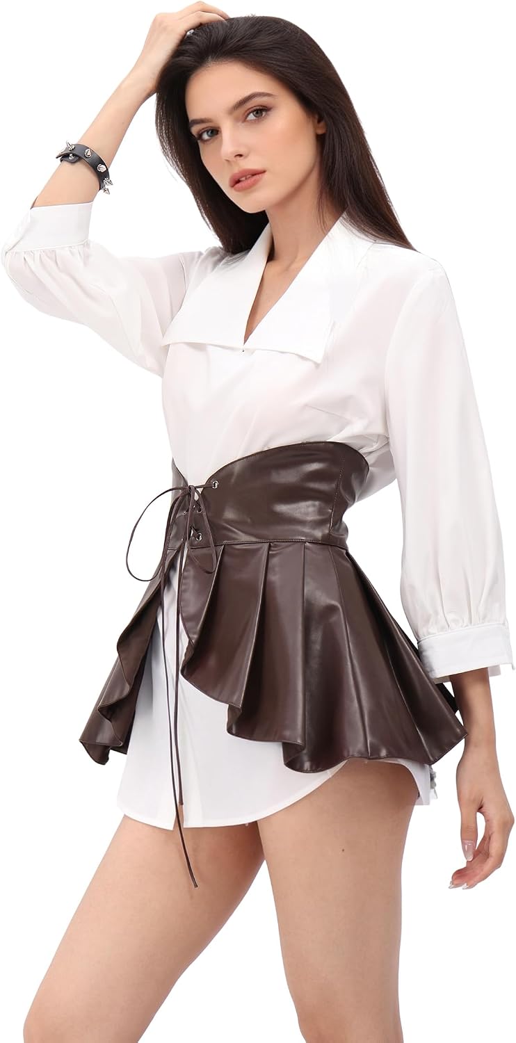 C-ZOFEK Gothic Faux Leather Ruffle Corset Adjustable Lace-Up Waist Cincher for Women Retro Vintage Belt Skirt