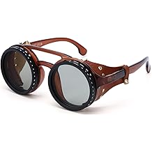 Adjustable Tint Steampunk Sunglasses &ndash; ND Filter, UV400 Polarized &ndash; Retro Round Shades, Leather Side Shields