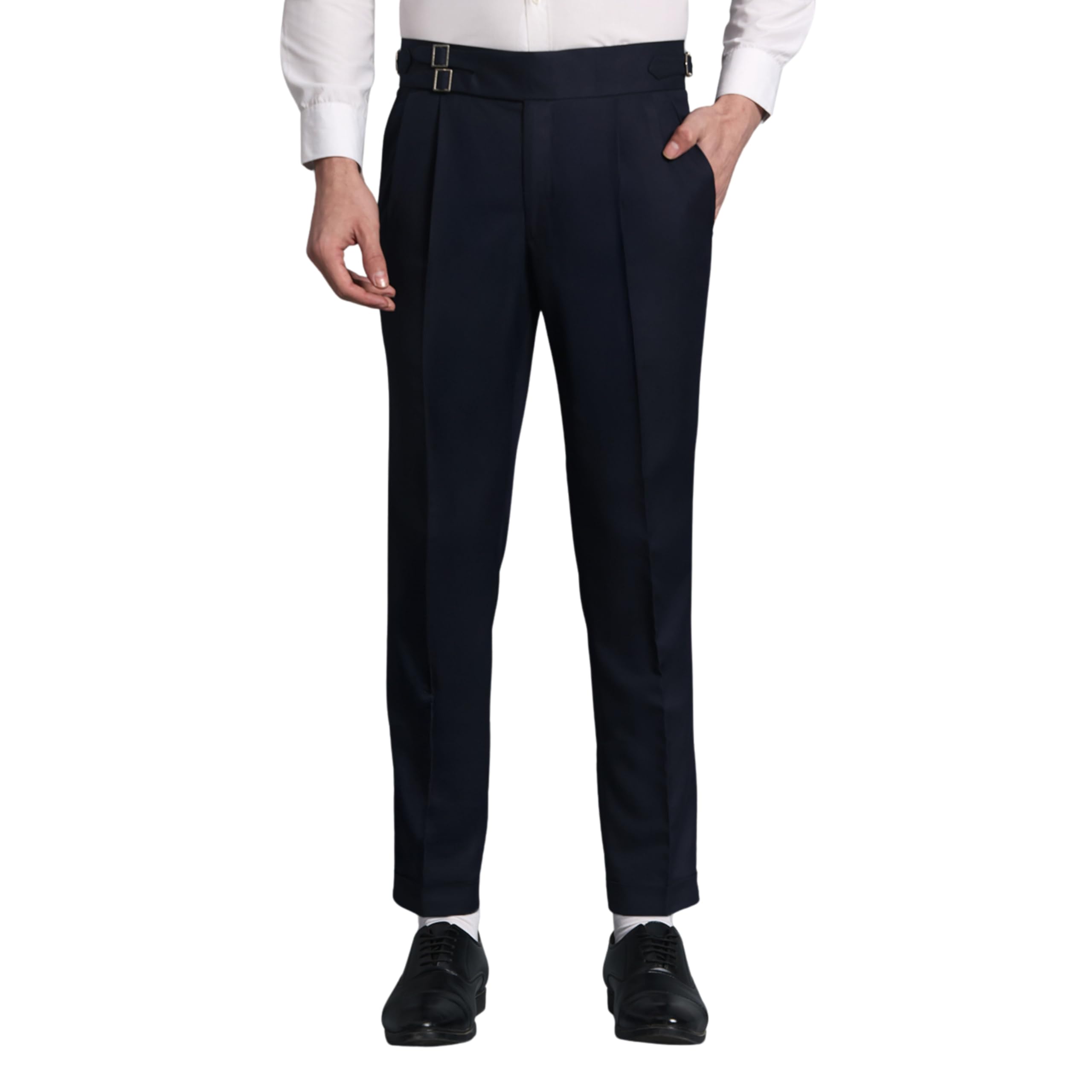 viva trendz Men's Formal Trousers Front Pleated Double Buckle Gurkha Lycra Pant Slim Fit | Stylish Formal Pant for Party and Casual Wear (in, Numeric, 34, Navy Blue)-picture-35