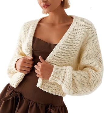 Women Open Front Crochet Cardigan Sweater Button Down Long Sleeve Chunky Crop Cable Knit Cardigans Oversized Coat