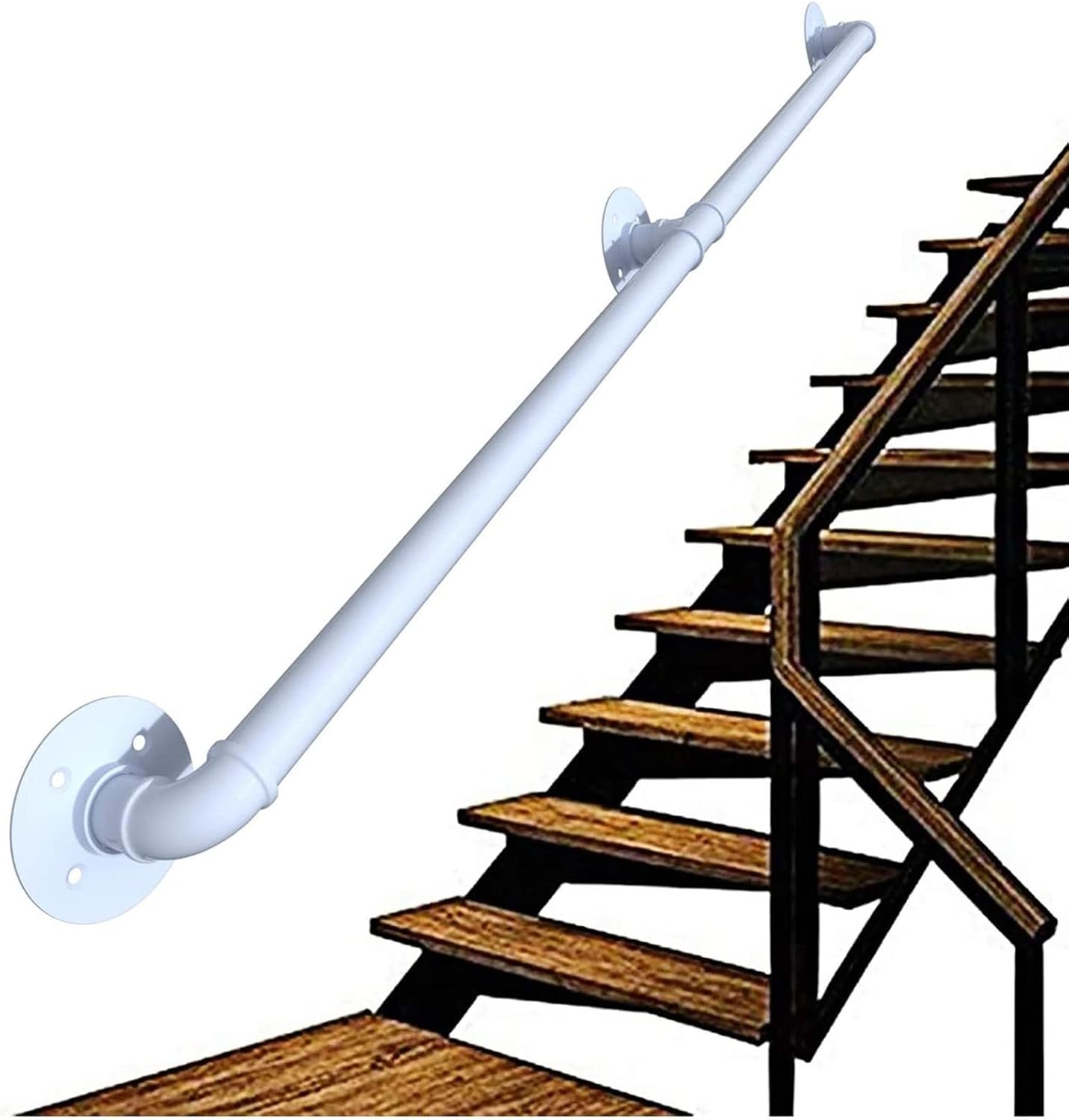 Support Point Stair Railing Stair Railing Handrail - Complete Kit, Stair Industrial White Pipe ...