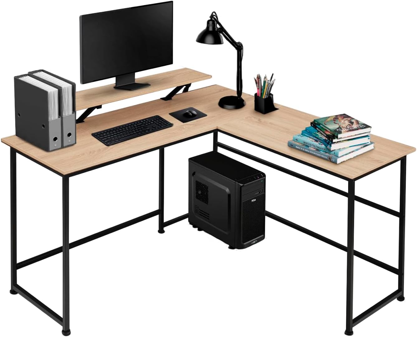 tectake® Mesa Escritorio, Mesa Gaming con Superficie Móvil, Pies Ajustables en Altura, Escritorio para Ordenador, - 140 x 130 x 76,5 cm Madera Industrial Clara, Roble Sonoma
