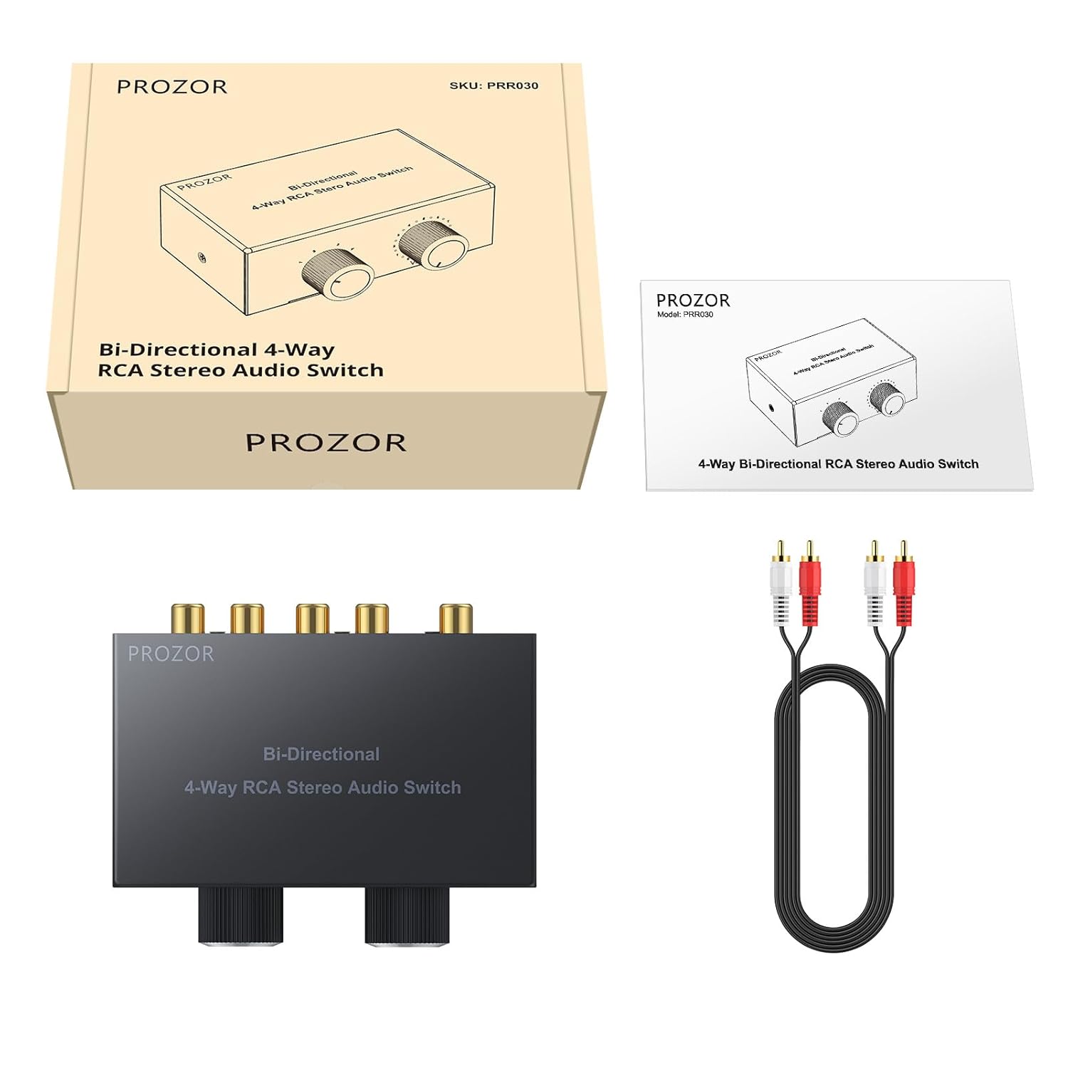 PROZOR 4-Way Bi-Directional RCA Stereo Audio Switch package contents including the switch, an RCA cable, and the manual.