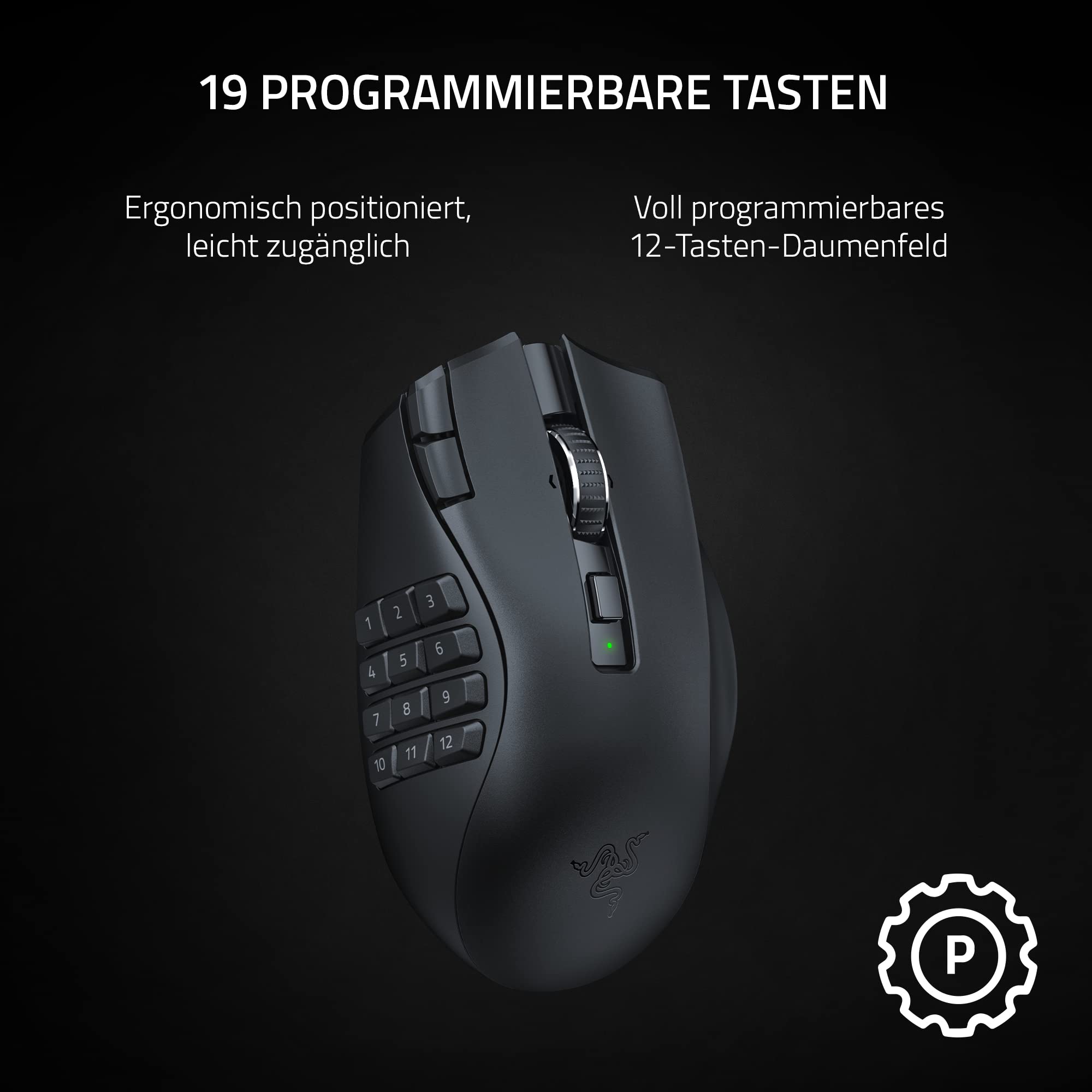 Razer Naga V2 HyperSpeed Kabellose MMO Gaming Maus 19 Programmierbaren Tasten Wireless 2,4 GHz Bluetooth 250 Stunden Focus Pro 30K Optischer Sensor Schwarz