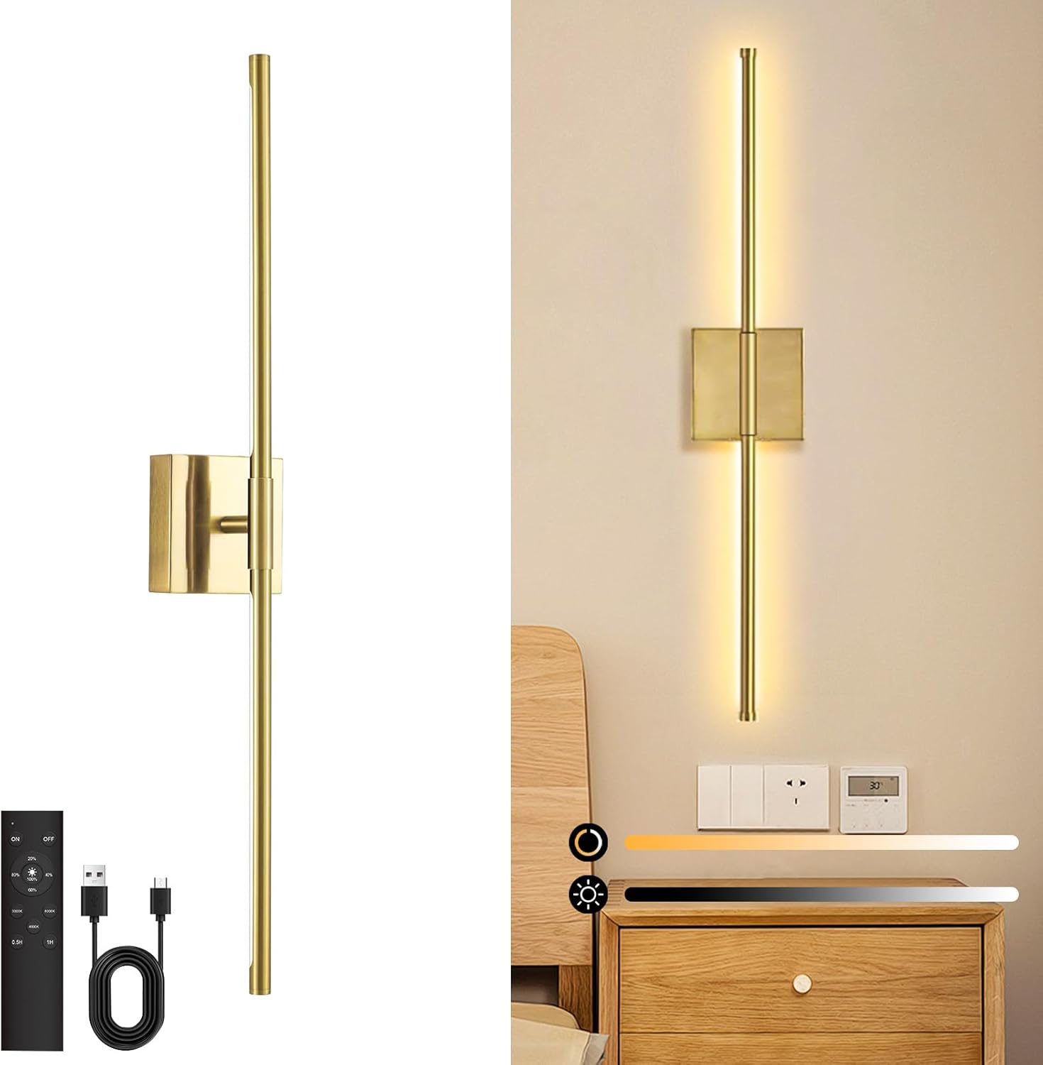 Wall Sconces Battery Operated, Wall Sconces 3000K-6000K Dimmable Rechargeable Wall Sconce with Remote Control, 350°Rotate LED Wireless Wall Lights for Living Room, Hallway, Bedroom (Gold)