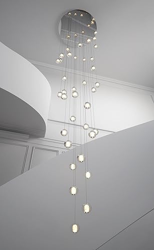 Miniatura 4 de Aiwen Candelabros modernos de cristal para escalera de techo alto con forma de gota de lluvia, luces colgantes de bola de cristal de 36 luces,