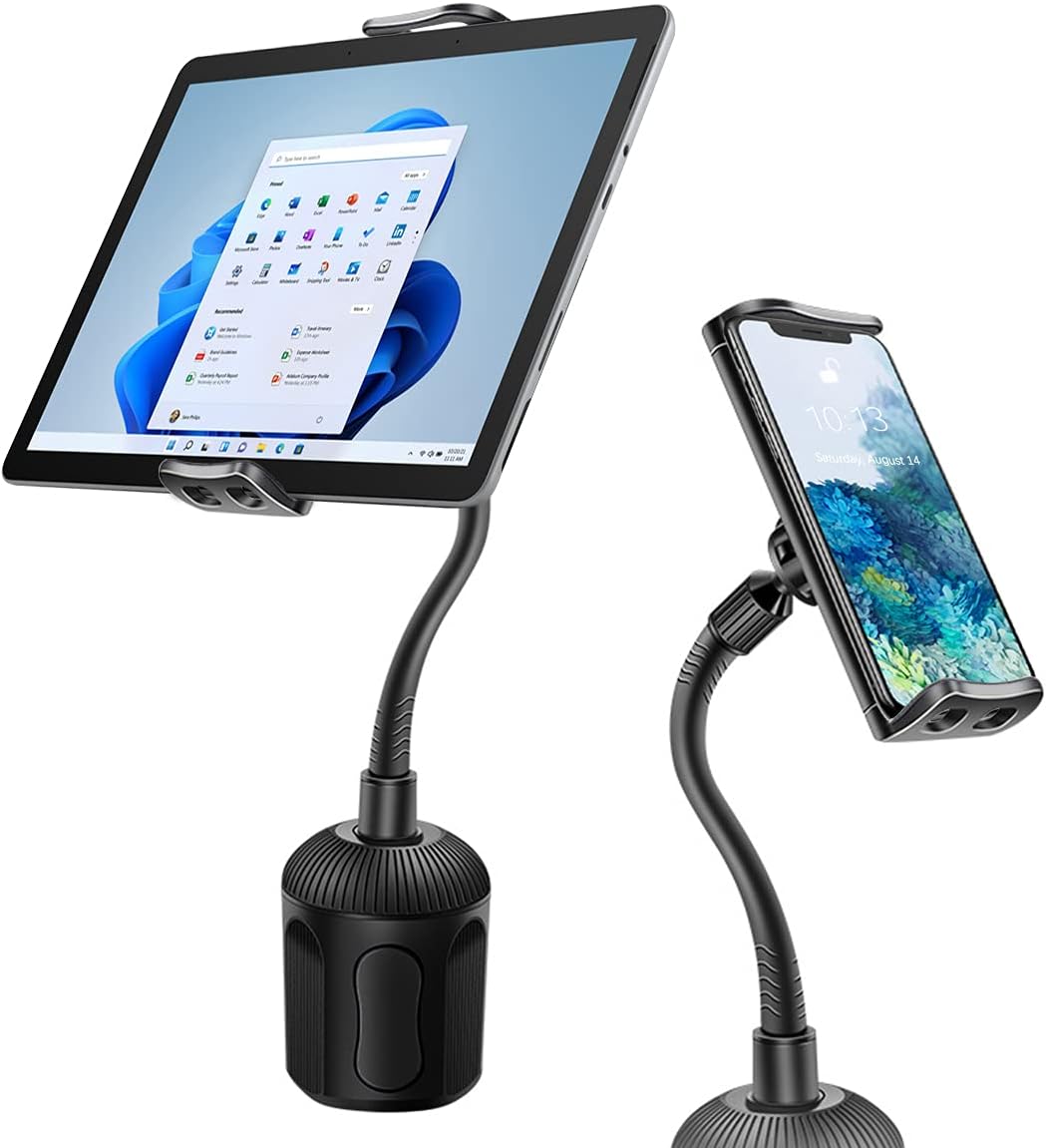 Upgraded Cup Holder Tablet Mount, 360 Degree Adjustable Phone Holders, Suitable for Most Cars, Compatible with iPhone 11/11 Pro/Pro Max/12/12 Pro, Samsung Galaxy More 4-13" Devices (Black)