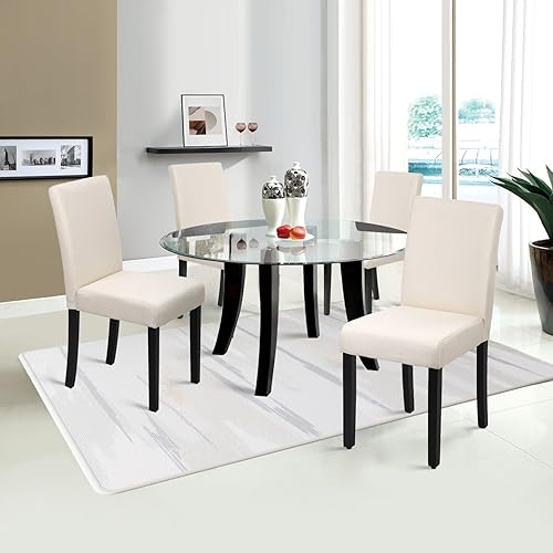 Miniatura 2 de Sillas de comedor de estilo urbano, de piel y con patas de madera maciza, 76.2 cm, 4 Beige,Negro,Gris,https://www.amazon.com/dp/undefined
