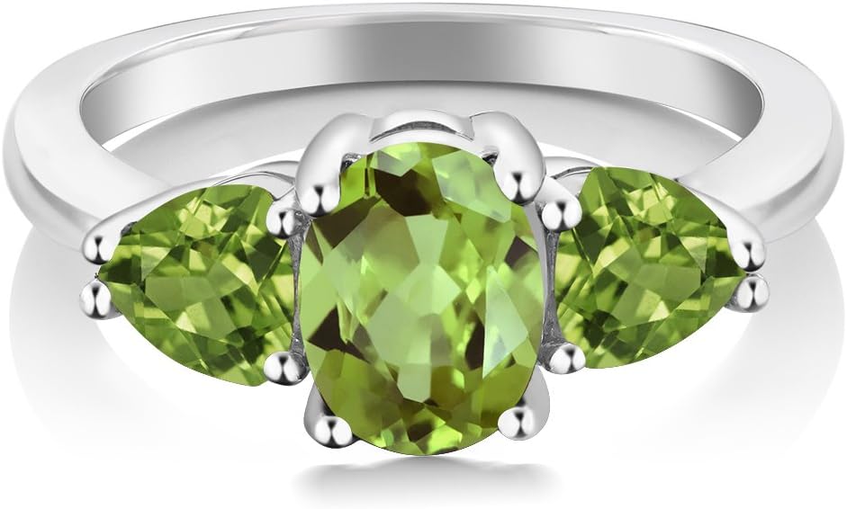 Gem Stone King 925 Sterling Silver Green Peridot 3-Stone Ring for Women (2.11 Cttw, Oval 8X6MM, Gemstone Birthstone)