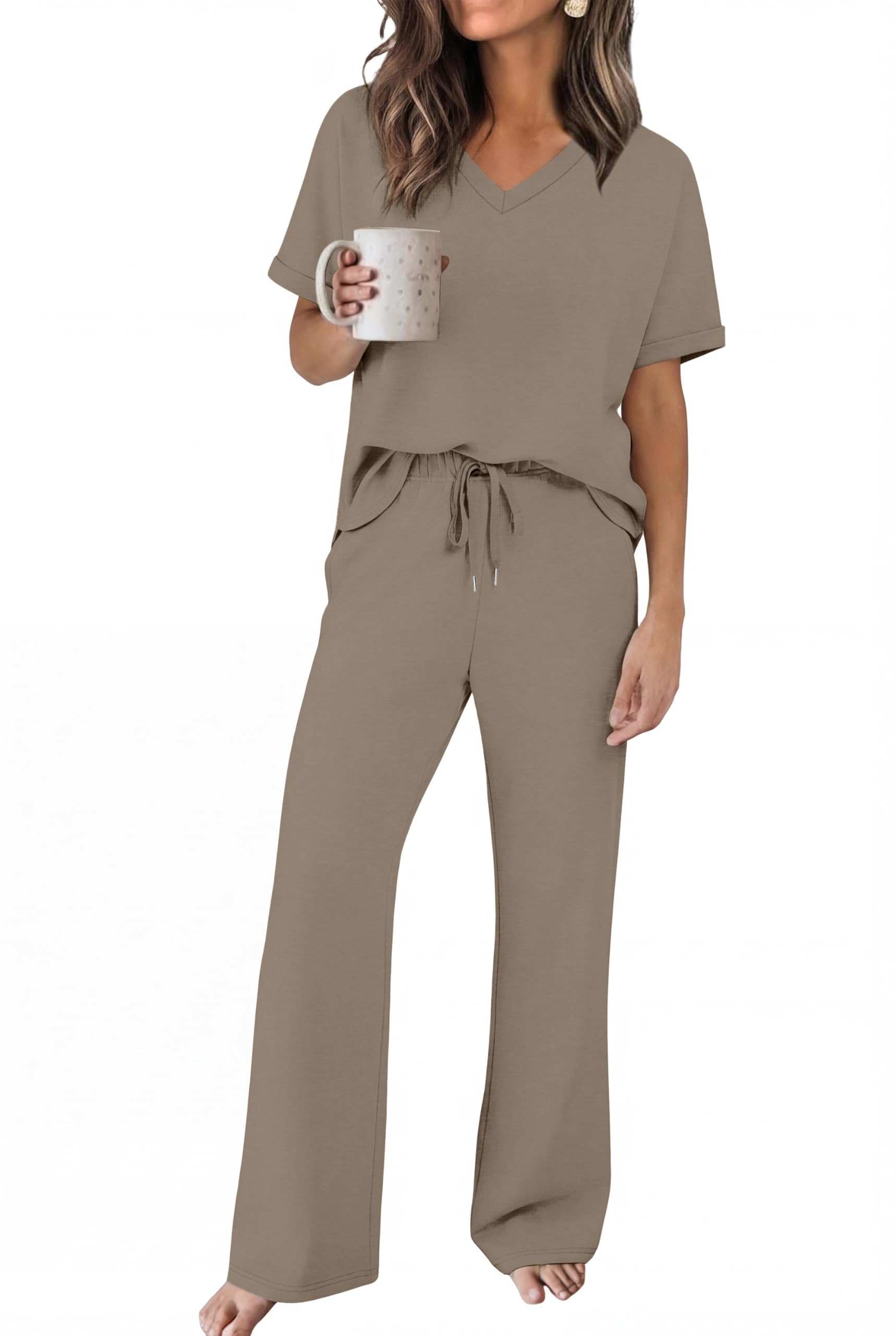 Photo 1 of [NO TOP INCLUDED] Sampeel Two Piece Sets for Women Trendy Country Concert Going Out Outfits V Neck Cuff Short Sleeve Wide Leg Pants Matching Sets Cozy Loungwear Beach Vacation Clothes Coffee S