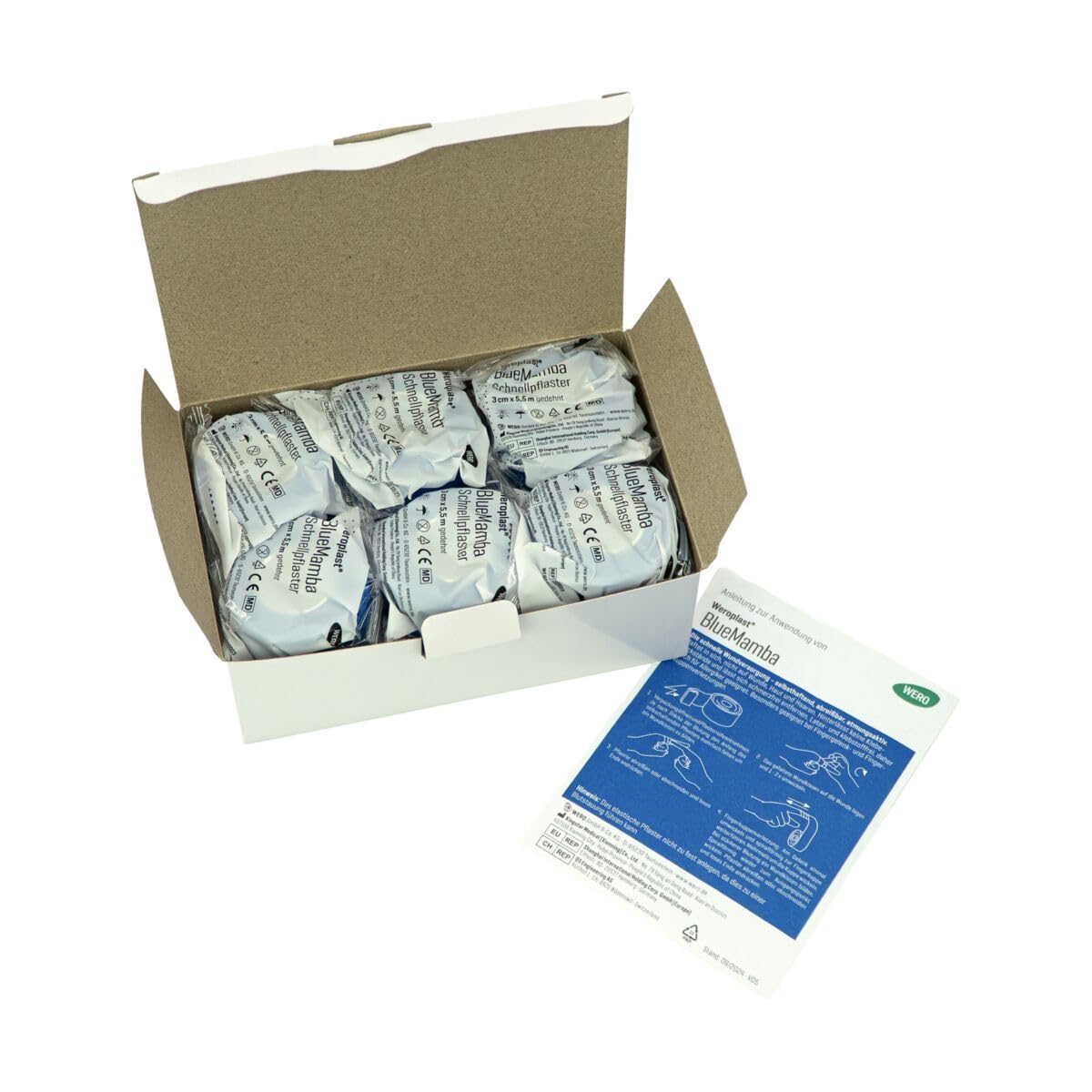 WERO BlueMamba kohäsives Pflaster, 12 Rollen/Packung | selbsthaftender Fingerverband ohne Klebstoff, elastisches Schnellpflaster, wasserabweisend