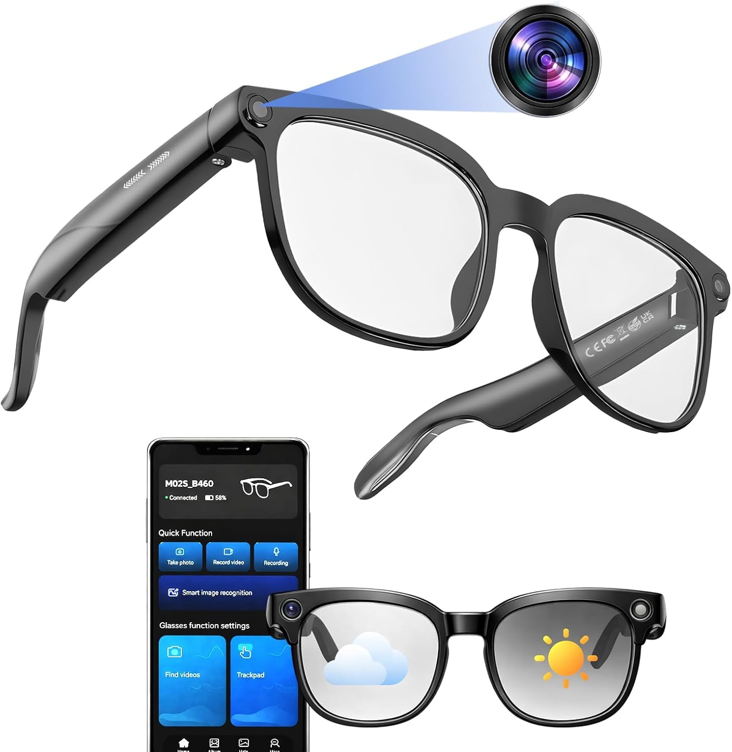 Smart Glasses with Camera, 1080P Video Recording Smart Glasses with Audio, Open-Ear Bluetooth 5.3, AI Assistant, Dual HD Cameras, Touch Control