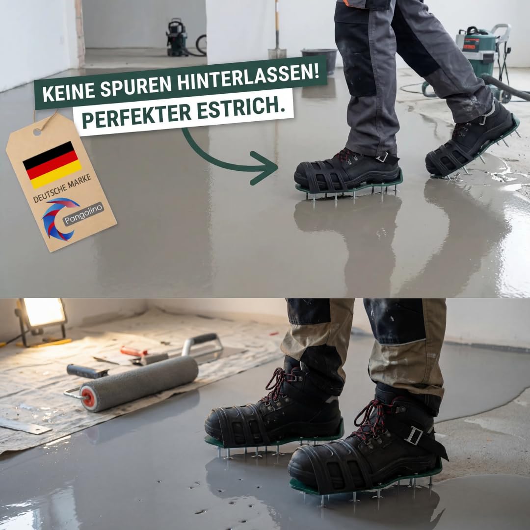 Pangolino Profi Nagelschuhe fertig montiert - Nagelsohle für Rasenlüfter & Estrich mit TPE-Riemenfixierung | Vormontiert inkl. 42mm & 60mm Nägeln (Gr. 37-48)