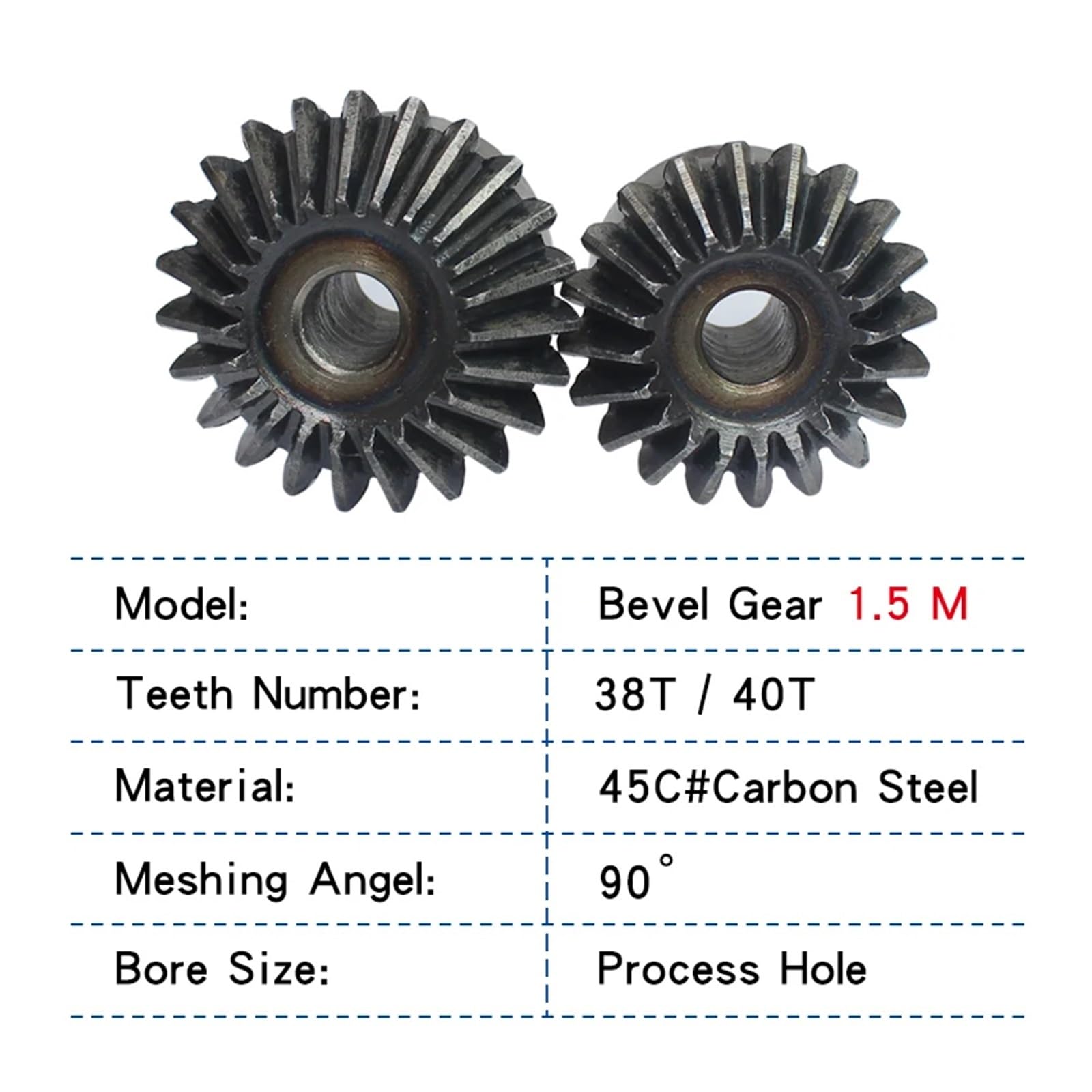 Bevel Gears 1 Piece Bevel Gear 1.5M38T/40T Gear 90 Degrees Meshing Angle Carbon Steel Transmission Ratio 1:1 Transmission Parts(38 Teeth)