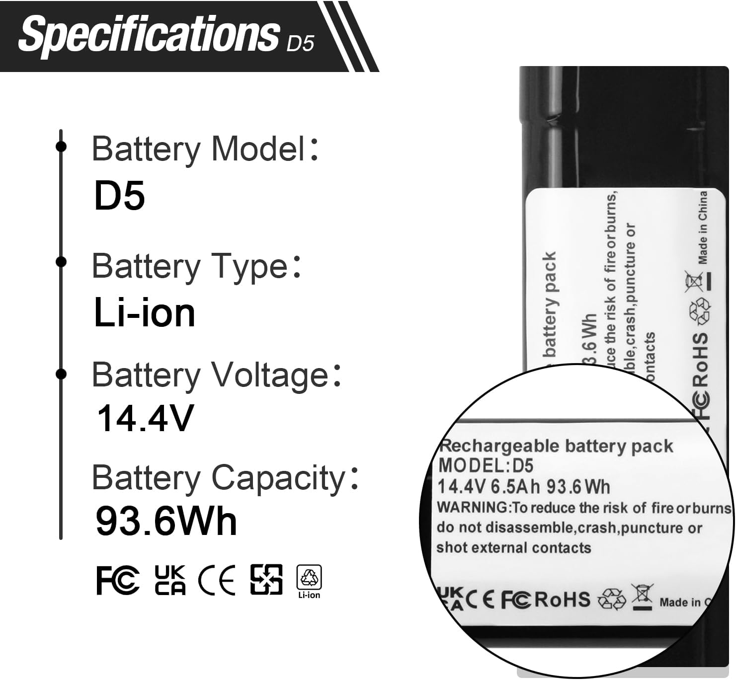 Detailed specifications of the ZTHY D5 replacement battery, showing model, type, voltage, and capacity.
