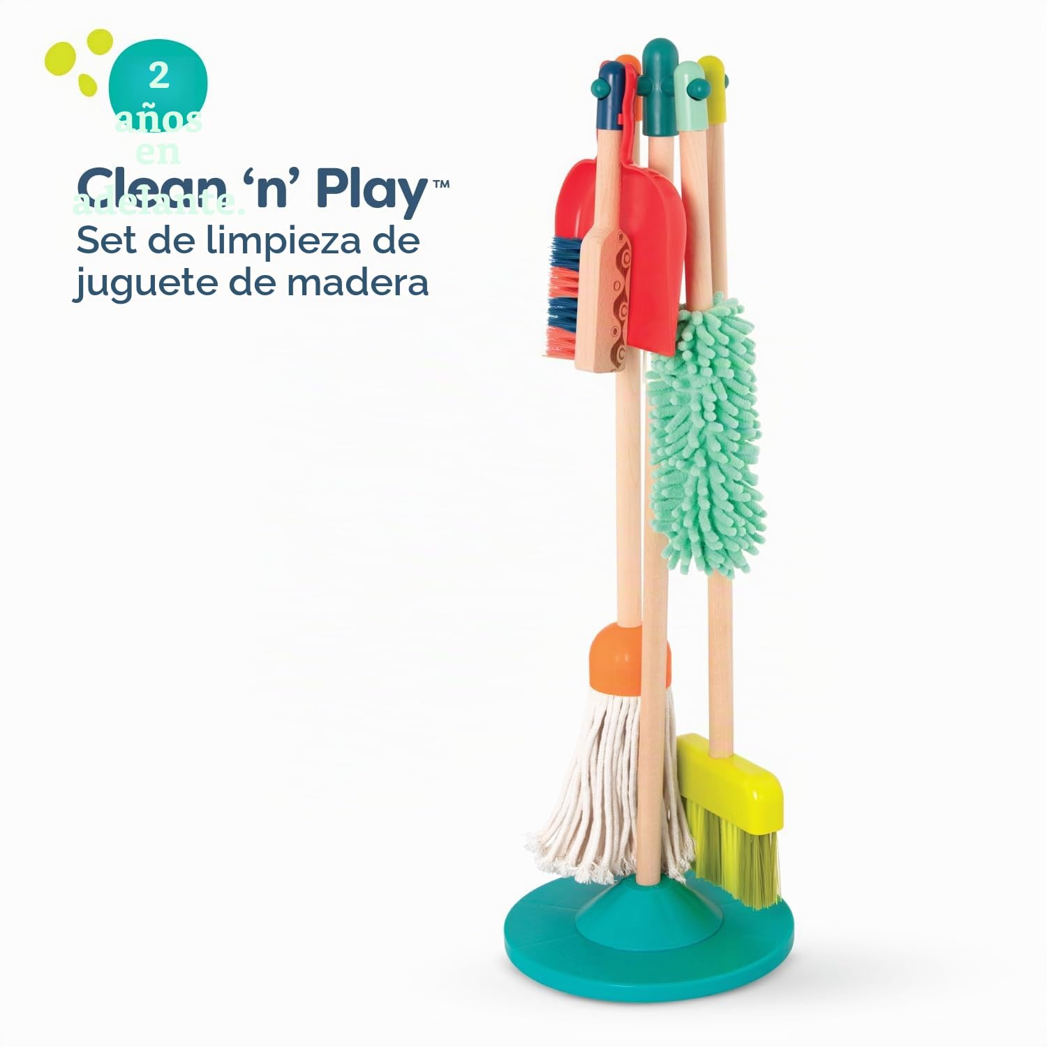 B. toys - Limpiar y Jugar - Set de Limpieza Infantil - Juguete de Madera - Kit de Juegos de Juguete para niños pequeños - Escoba, fregona, Cepillo, recogedor, Plumero - 2 años +