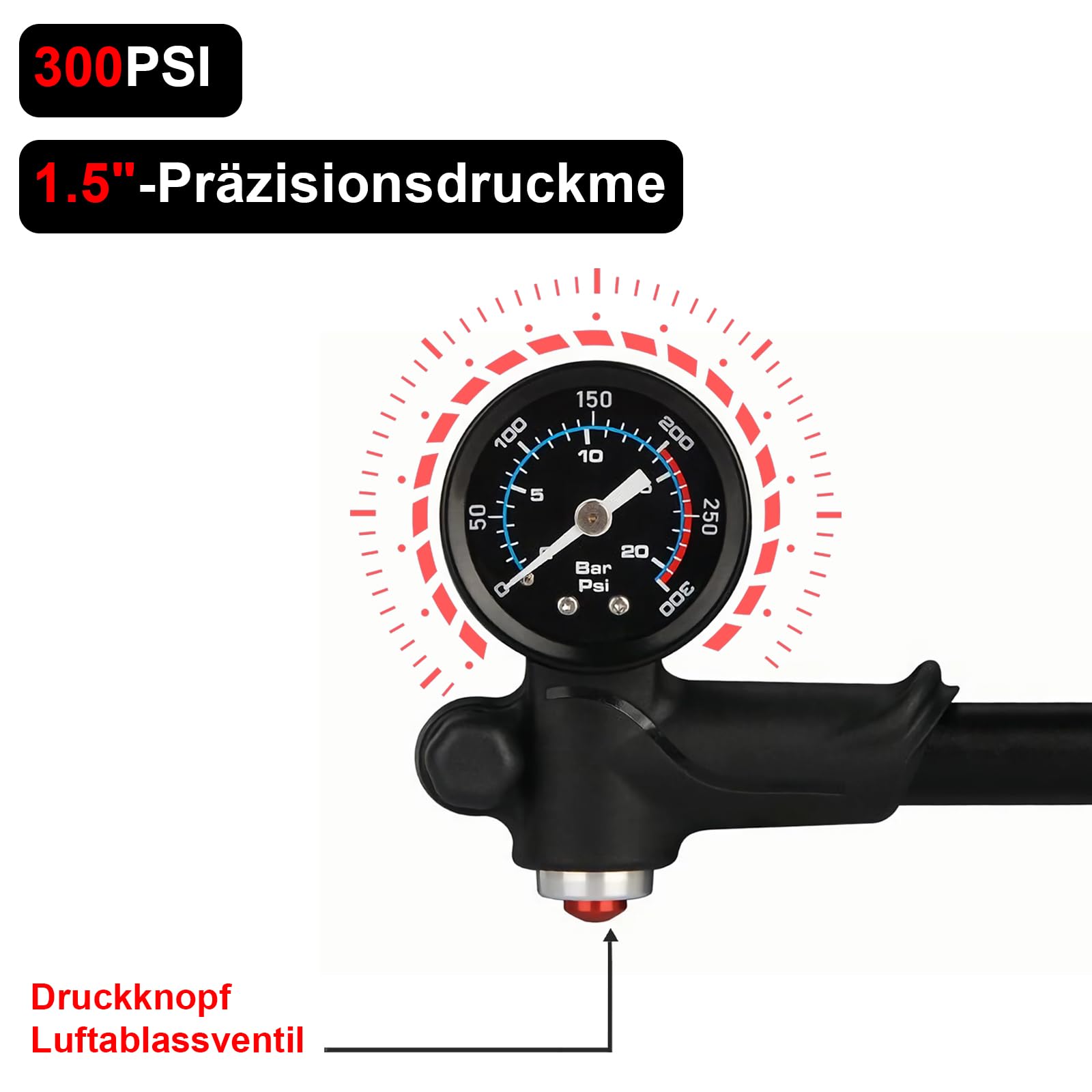 Hochdruck Dämpferpumpe(Max 300 PSI) 3 in1- Fahrrad Gabelpumpe, Hinterradaufhängung pumpe und Fahrradreifen pumpe, Fahrradpumpe mit Manometer, Tragbare Minipumpe mit Entlüftungstaste für MTB, Rennrad