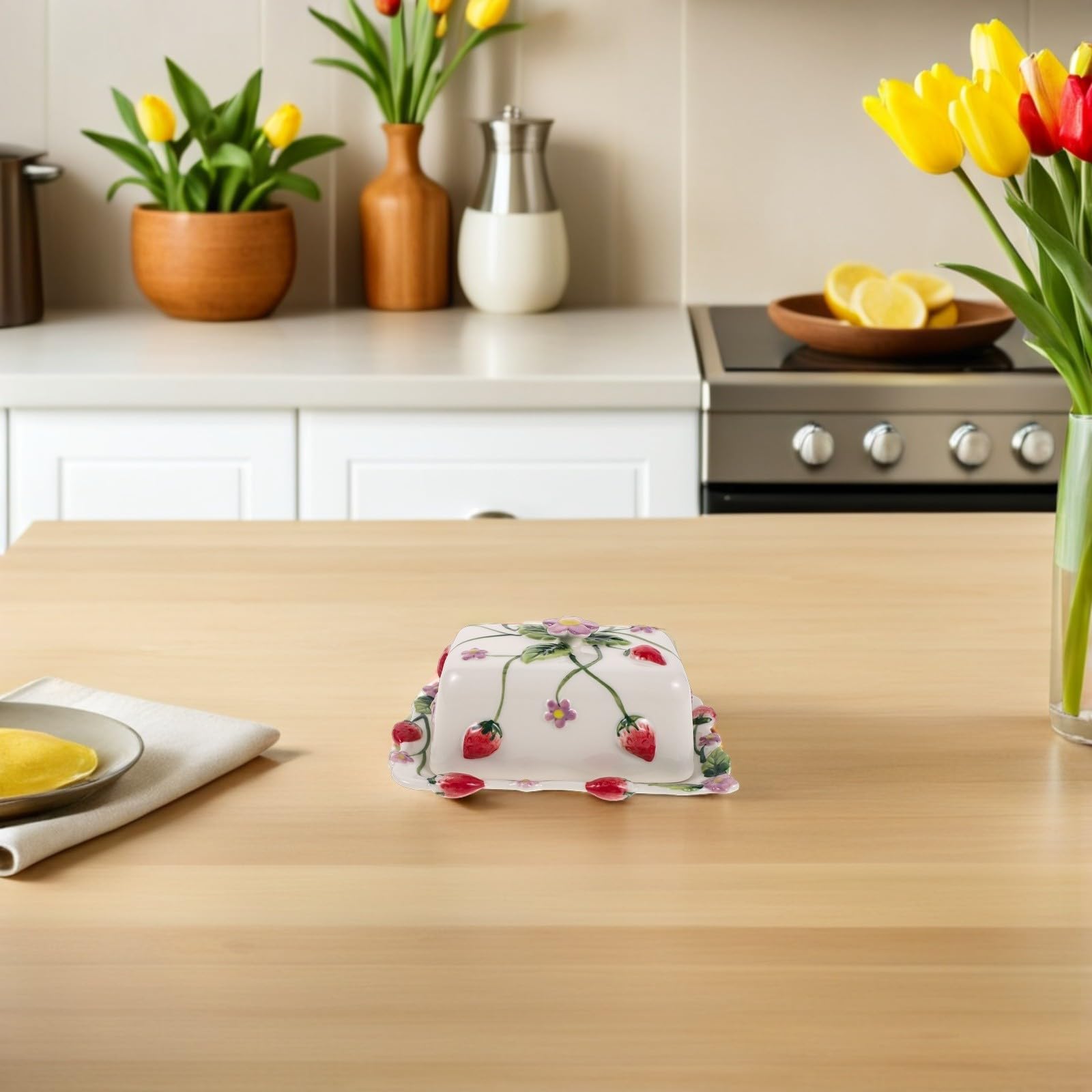 Beurrier Décoratif en Céramique avec Couvercle, Motif Fraise Floral