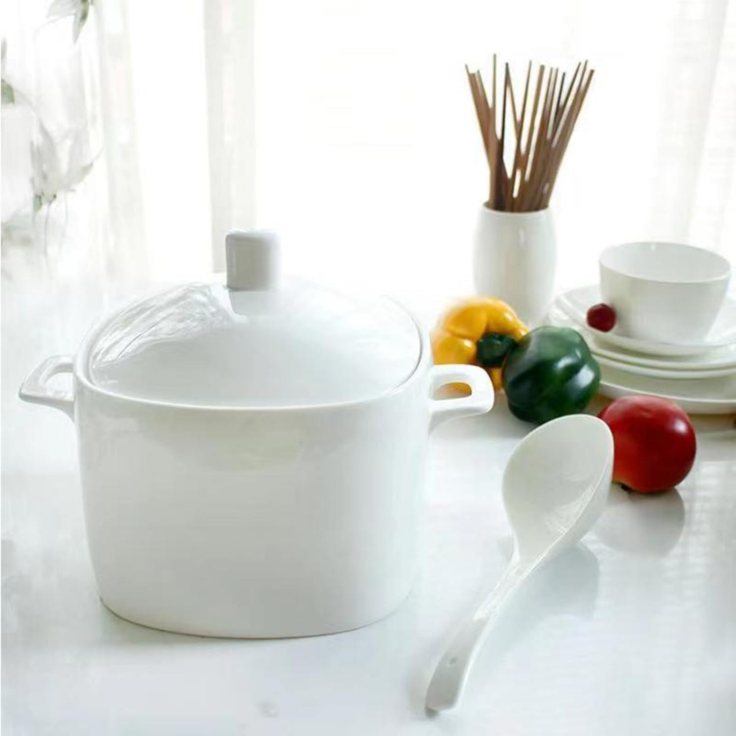 Tureen - Soupe en porcelaine d'os avec couvercle et louche, grand bol en céramique de 3 000 ml avec couvercle pour fête, salle à manger, décoration de la maison, passe au micro-ondes