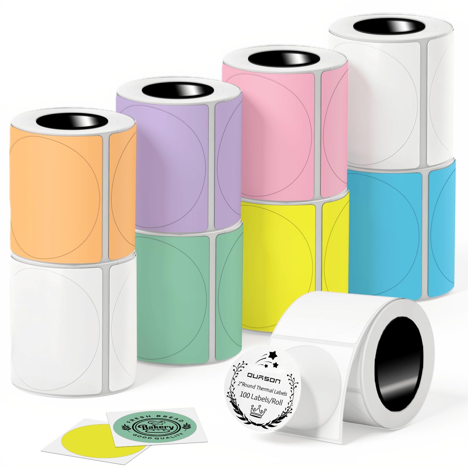 QUASON 2" Circle Thermal Sticker Labels, 7 Colorful Self-Adhesive Round Direct Thermal Labels for Business，Compatible with Phomemo, Zebra, Rollo, MUNBYN，BPA Free（900Labels/9Rolls）