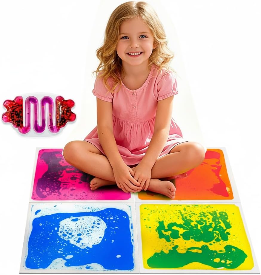 Sensory Floor Tiles for Kids, 4 Pack Premium PET Liquid Lava Tiles with Bonus Fidget Toy, 12"x12" Square Sensory Mats for Calming Corner & Playroom, Autism & ADHD Tools