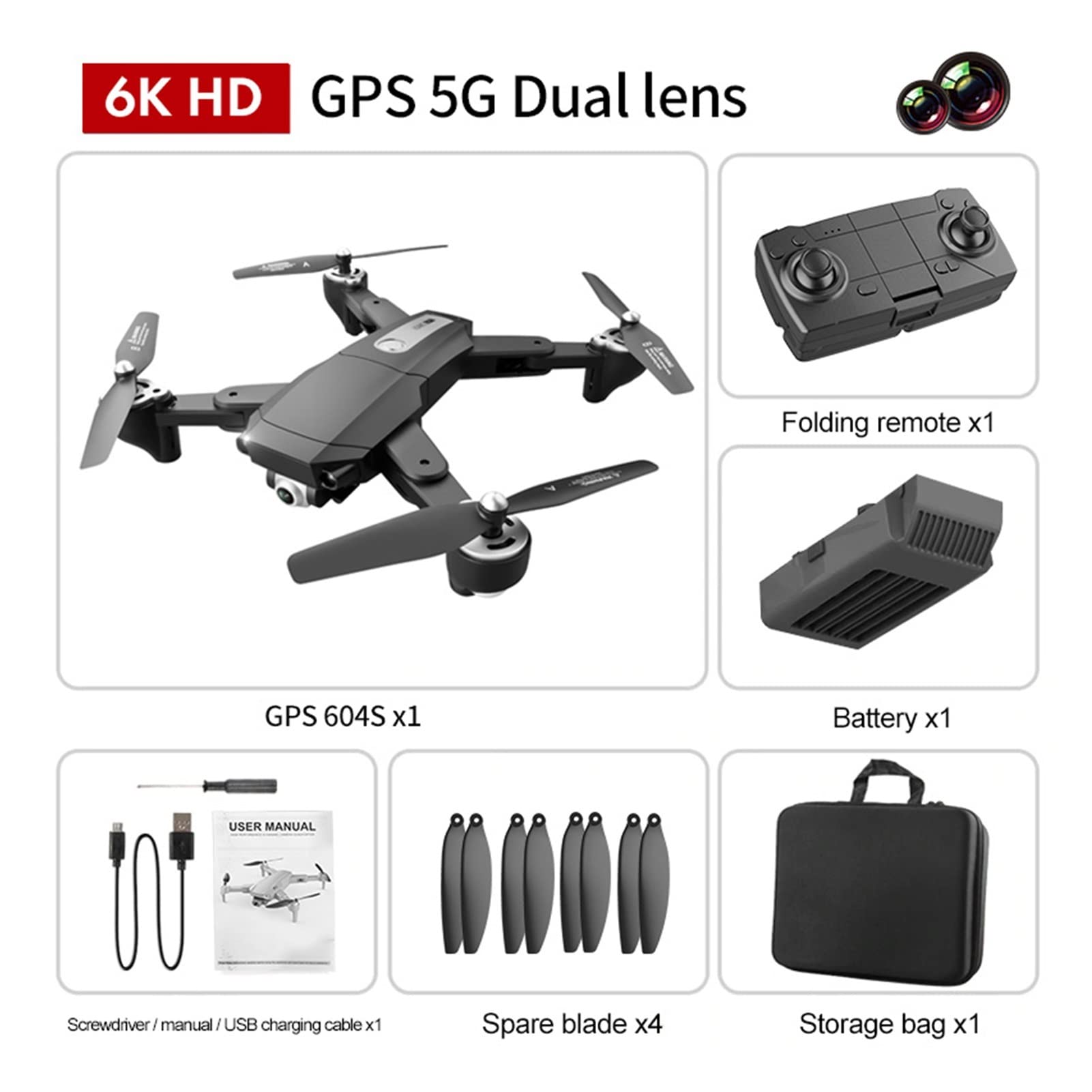 S604 PRO 6K Drone GPS 5G Wifi 4K Podwójna kamera o wysokiej rozdzielczości Bezszczotkowy silnik FPV Profesjonalne drony do fotografii lotniczej (Kolor: 6K 1B BAG)