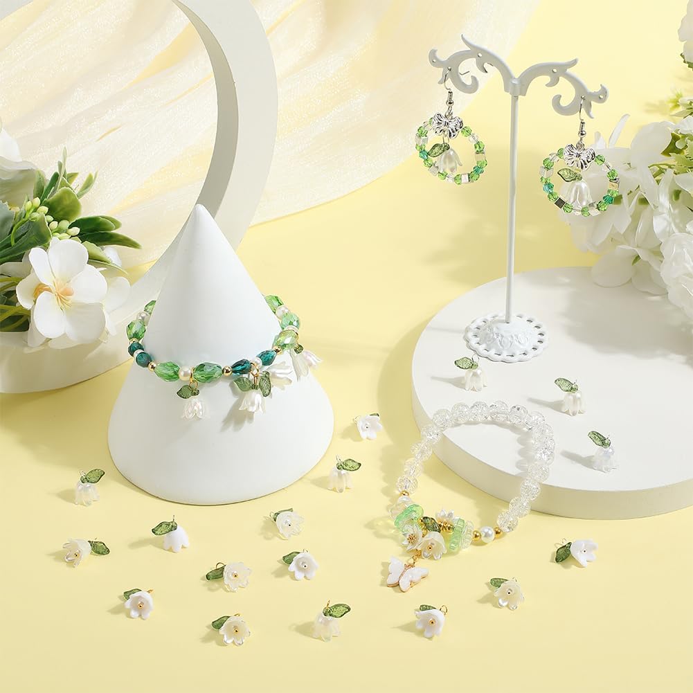 SUNNYCLUE 1 Box 120Pcs Lily Flower Charm White Lily Charms Acrylic Small Spring Floral Bell Leaves Lilies of The Valley Pendant Charm for Jewelry Making Charms Pendants Necklaces Supplies DIY Crafts