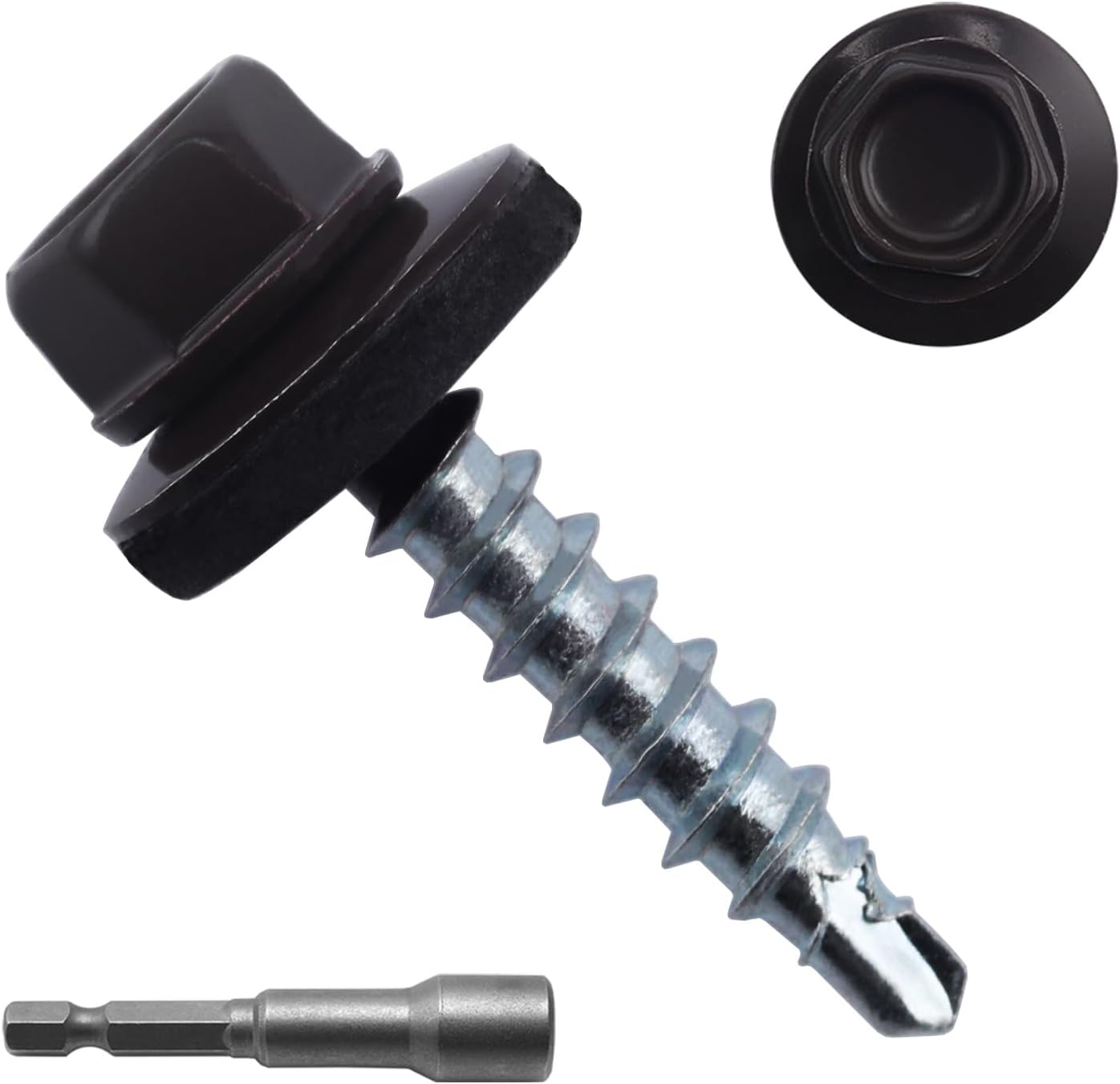 300pcs #10 x 1 Brown Hex Head Self-Drilling Metal Roofing Screws, EPDM Washer, Colored Head, Wood Screws, Sheet Metal Roof Screw with Hex Driver Bit