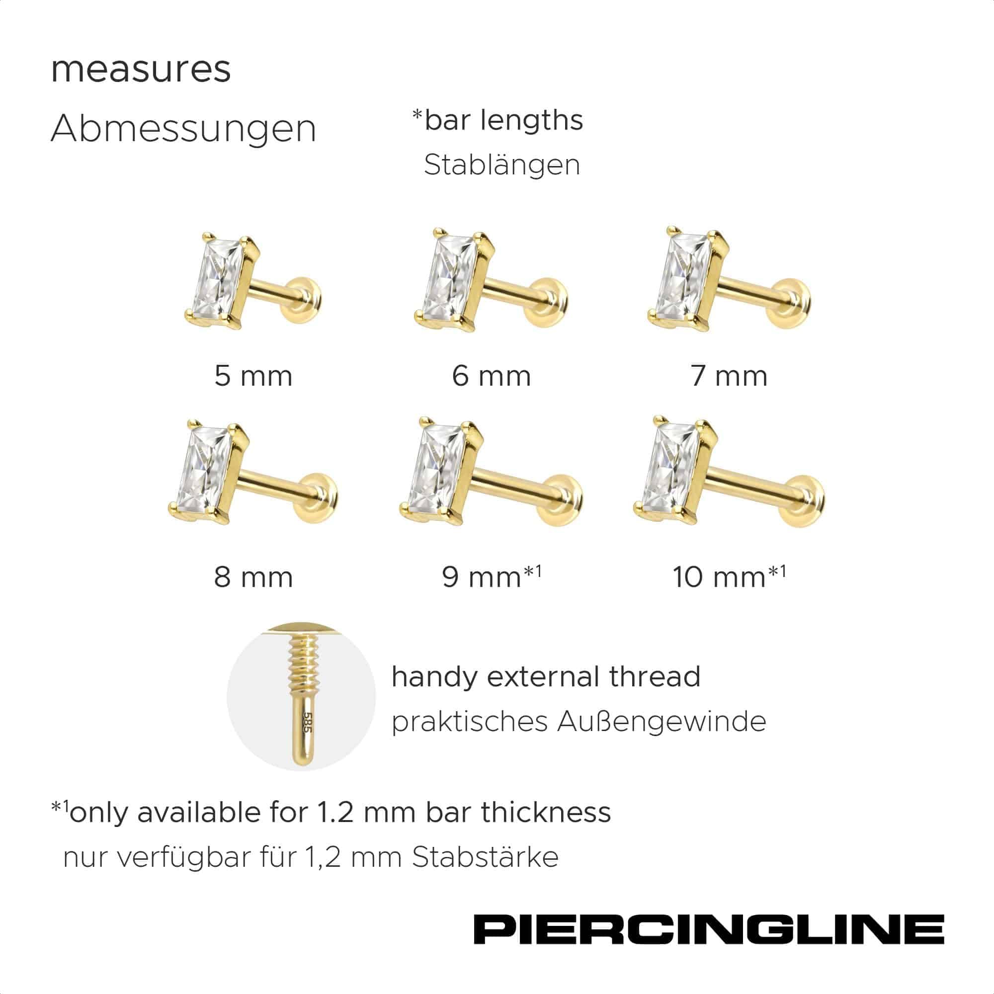PIERCINGLINE Piercing Stecker 14 Gold Labret mit Innengewinde MOISSANIT-RECHTECK 585er Gold - Roségoldfarben, Goldfarben, Silberfarben