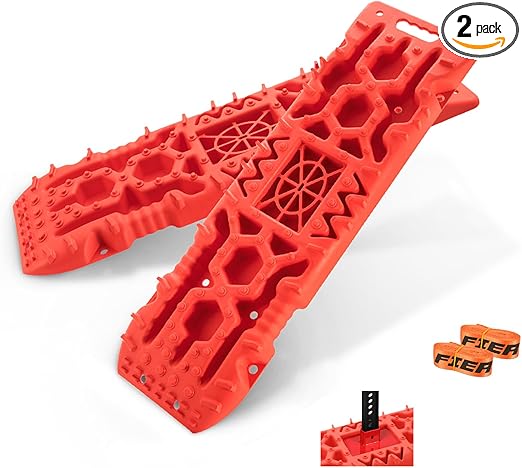 FIERYRED Traction Boards Offroad, Recovery Boards with Jack Lift Base, 2Pcs Traction Mat Recovery Tracks for Sand Mud Snow Track Tire Ladder 4X4, Come with 2 Leashes (Pinky Red)