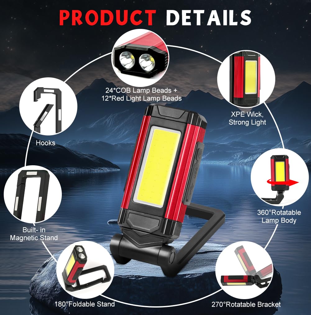 Akumulatorowa Lampa Robocza LED, Ładowalna Latarka Magnetyczna, Przenośna Latarka LED 360° obrotowa z Mocną Magnetyczną Podstawą i Składanym Haczykiem, Lampa Inspekcyjna COB do Samochodów