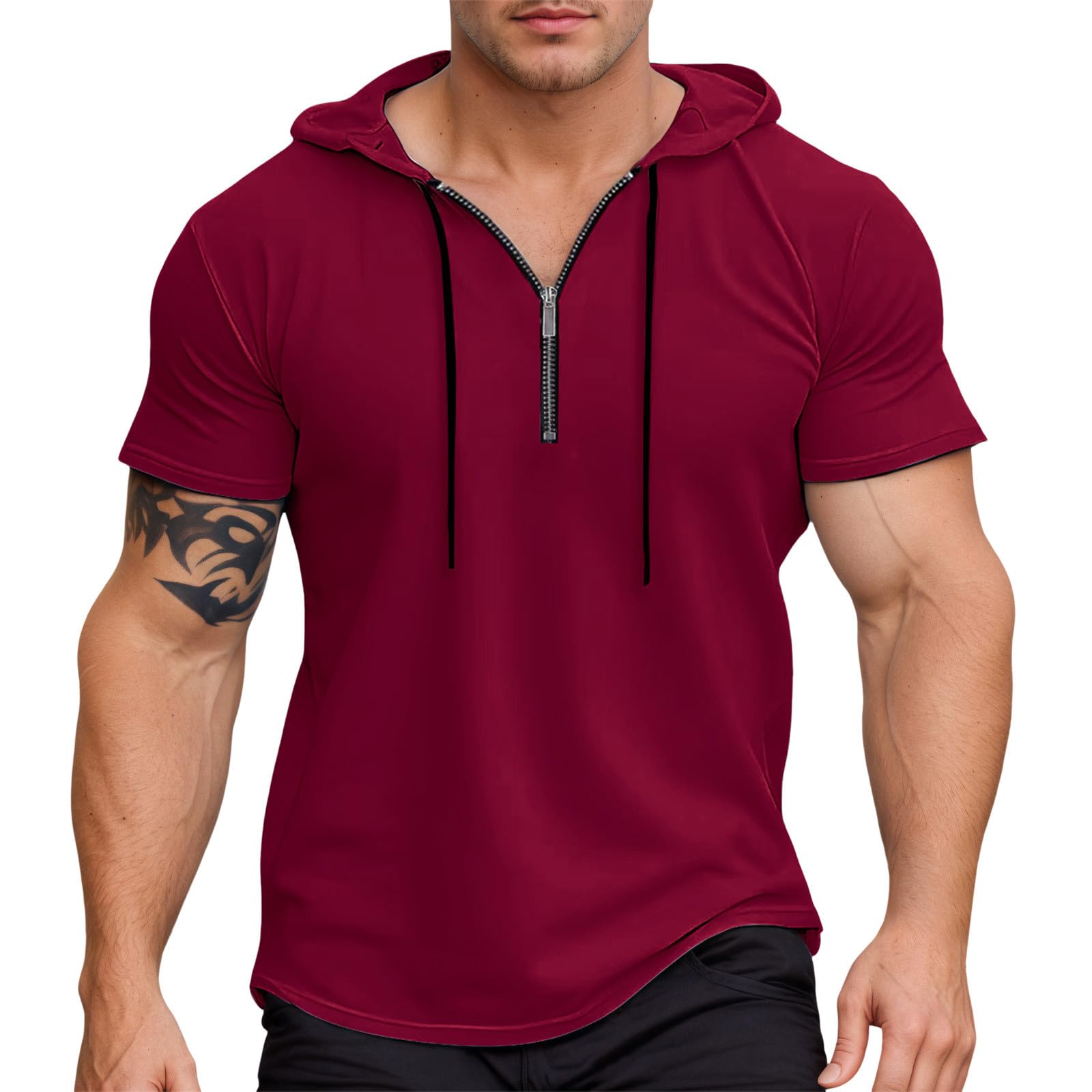 Short Sleeve Hoodies for Men Quarter Zipper Hooded T-Shirts Lightweight Tops V Neck Pullover Casual Summer Shirts B-red