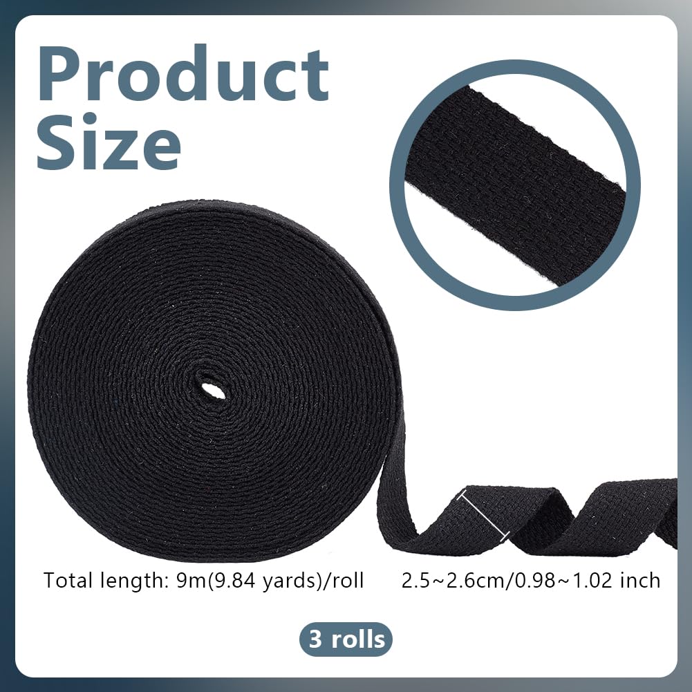 OLYCRAFT 27m/29.5 Yards(3 Rolls) Black Cotton Webbing 1 Inch Wide Heavy Cotton Ribbons Straps Roll Heavy Sewing Webbing Sewing Twill Ribbon Polycotton Flat Webbing Tape Roll for DIY Crafts Decoration