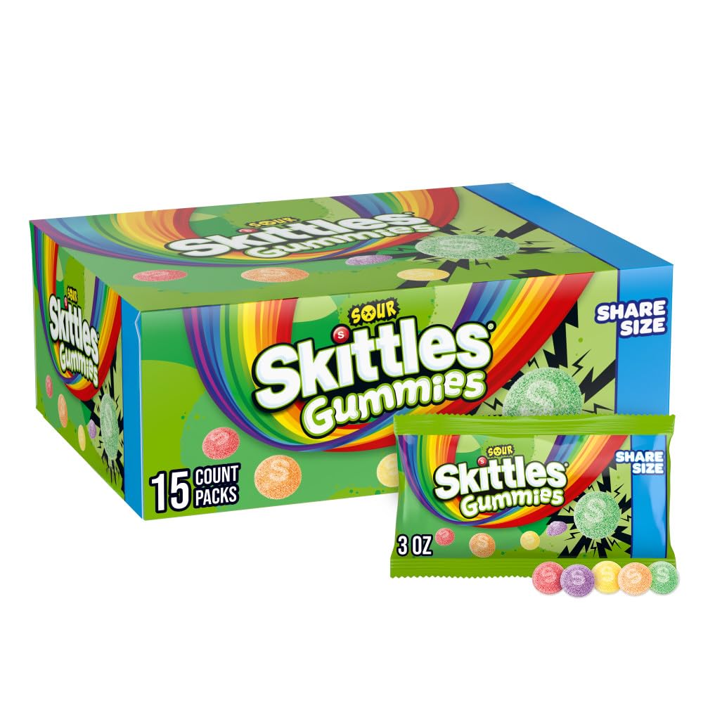 SkittlesGUMMIES Sour Gummy Candy, Share Size Tart Sour Candy Mix, 3 Oz Per Bag, 15 Pack