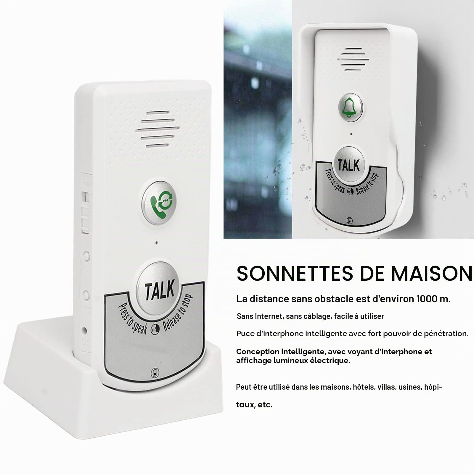 Sonnettes d'interphone Vocal, Sonnettes d'interphone sans Fil à 1000 M de Distance Blanches pour Les Usines