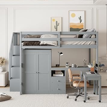 Full Size Loft Bed with Stairs, Desk, Bookshelf, Drawers & Wardrobe - Multifunctional Solid Wood Low Loft Bed for Kids & TeensGray,Full