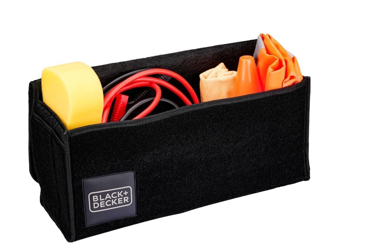 Black+Decker Organizador Maletero Coche - Organizador Coche 55 x 15 x 23 CM - Caja Plegable con 1 Compartimento Grande y 2 Bolsillos Deslizantes - Accesorios Coche y Compras - Con Velcro - Negro