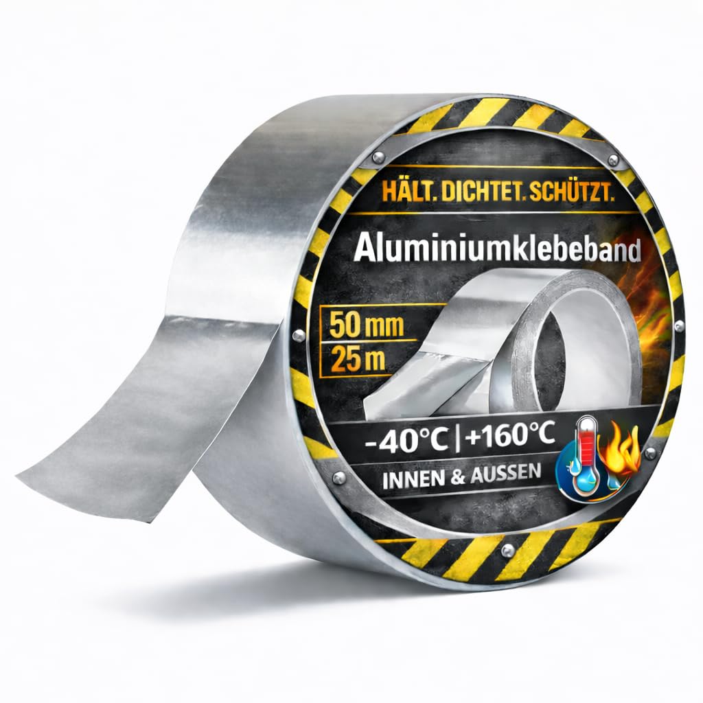 TK Gruppe Timo Klingler Cinta Adhesiva de Aluminio Plateada - 25 Metros, Autoadhesiva y Resistente al Calor - Para Sellado y Reparación (1x)