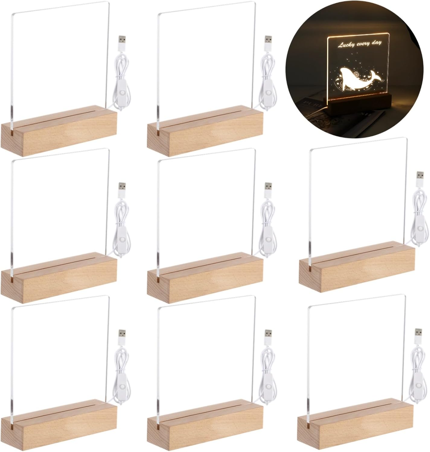 Lnrueg Wooden Acrylic Light Base and Blanks (8) - 7'' USB Cables, Transparent Night Lights