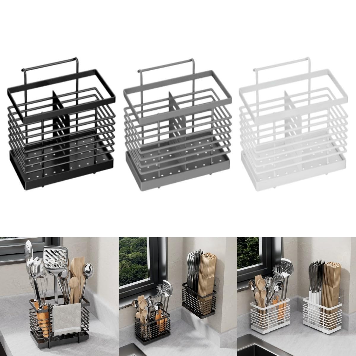 HERCHR Portautensili per montaggio a parete, portautensili da cucina, organizer per riporre oggetti da appendere, posate, stendibiancheria, portaposate per posate, cucchiai, forchette(Grigio