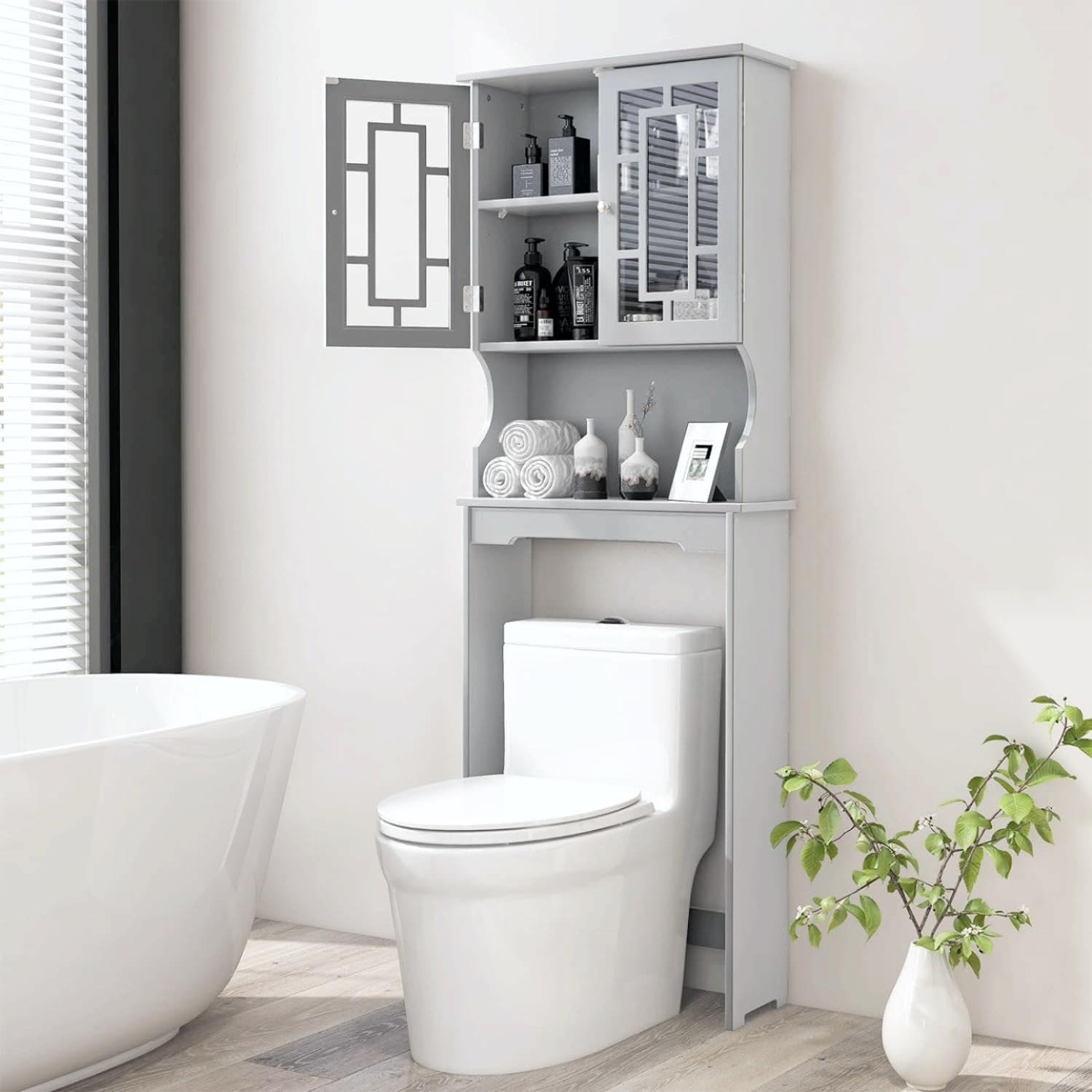BestComfort Wooden Over The Toilet Storage Cabinet, Home Bathroom Space Saver, Double Doors, Adjustable Shelf Organizer, Open Storage Shelf, Freestanding Toilet Storage Rack Unit (Gray), Grey