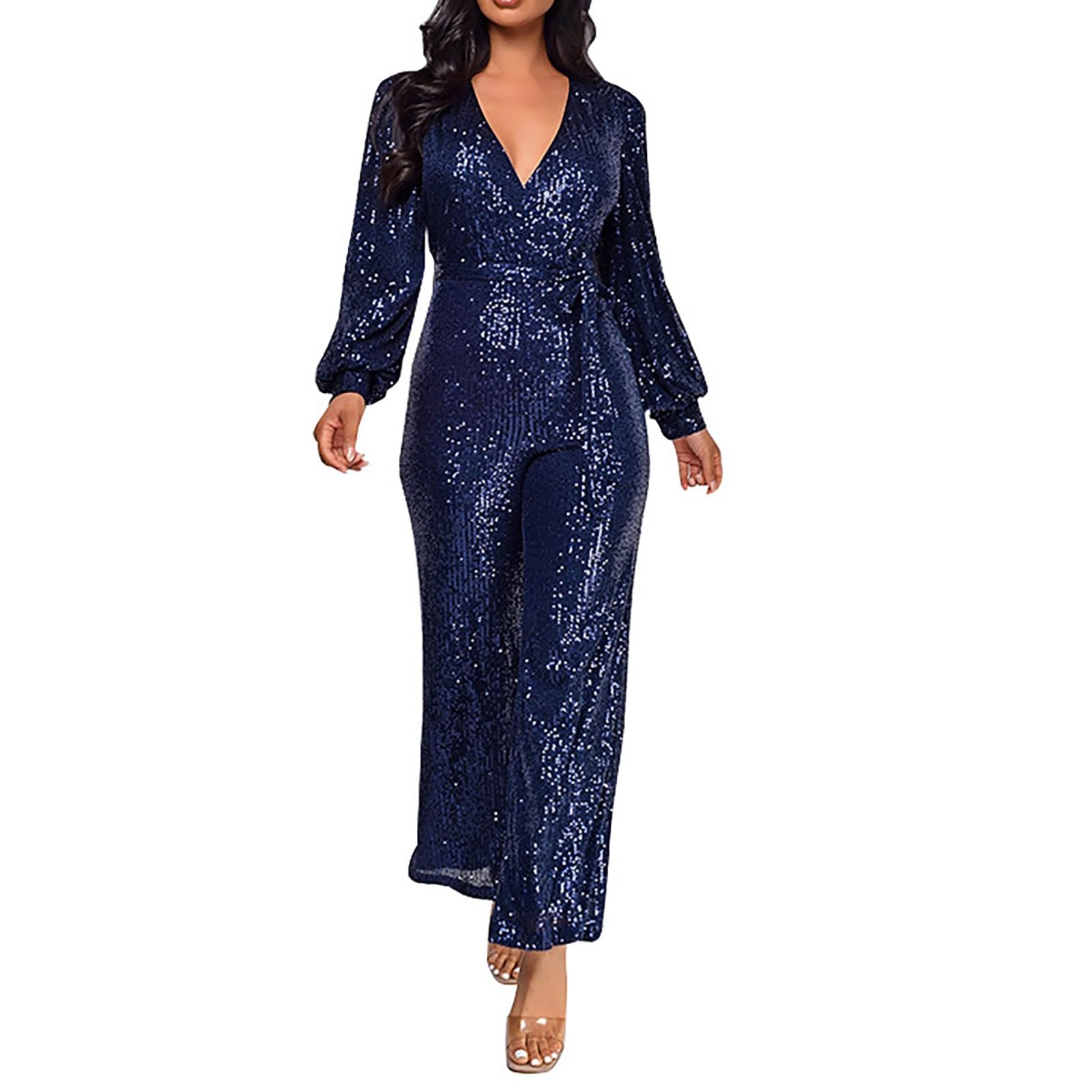 Combinaison à paillettes pour femme - Paillettes brillantes - Col en V - Manches longues - Barboteuse droite et large - Pantalon long, noir foncé, S