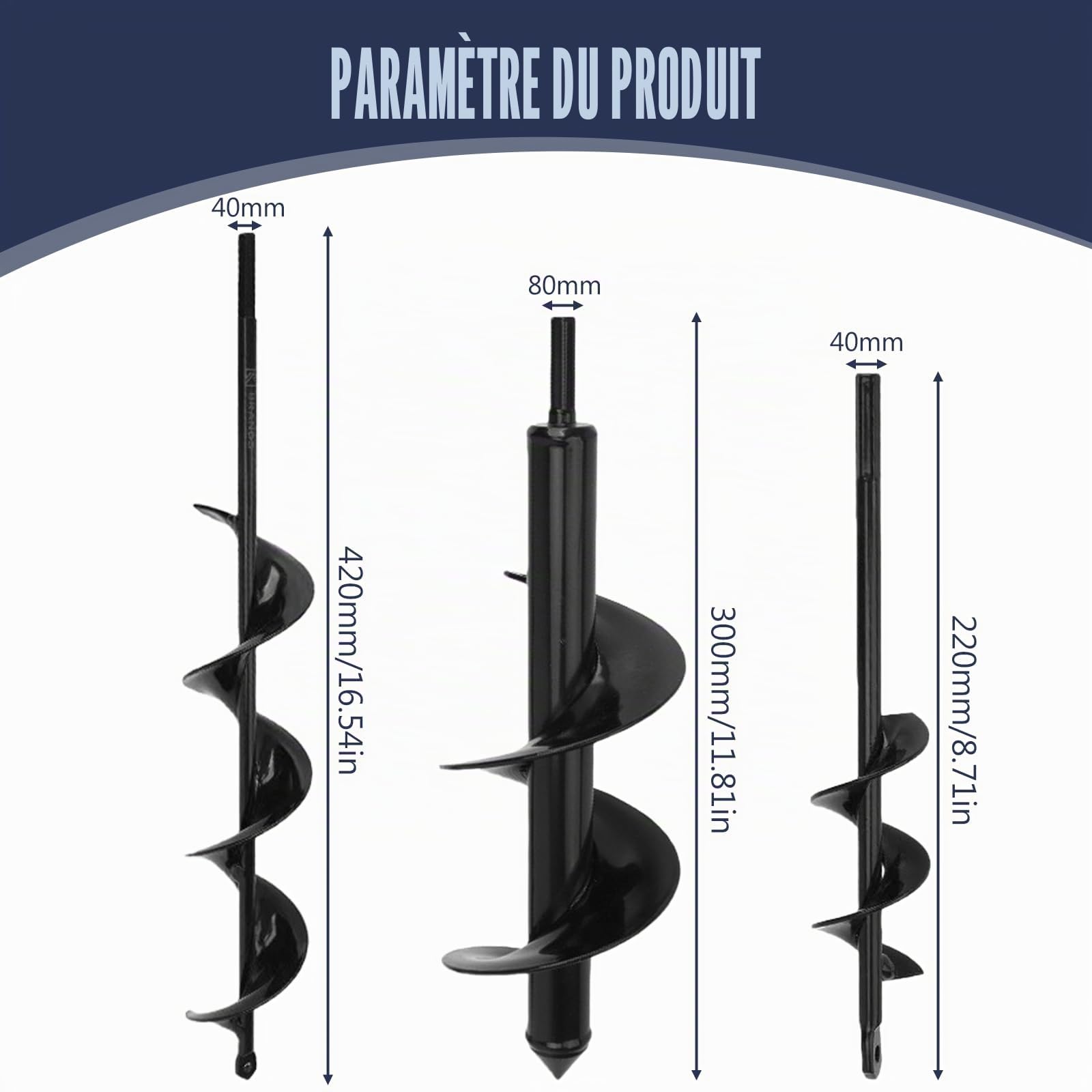 Lot de 3 forets sans fil pour visseuse sans fil - Perceuse de jardin - Avec paire de gants pour creuser - 8 x 30 cm, 4 x 22 cm, 4 x 42 cm